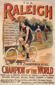 Poster advertising cycles Raleigh with a portrait of Arthur Augustus Zimmerman, world champion, 1893